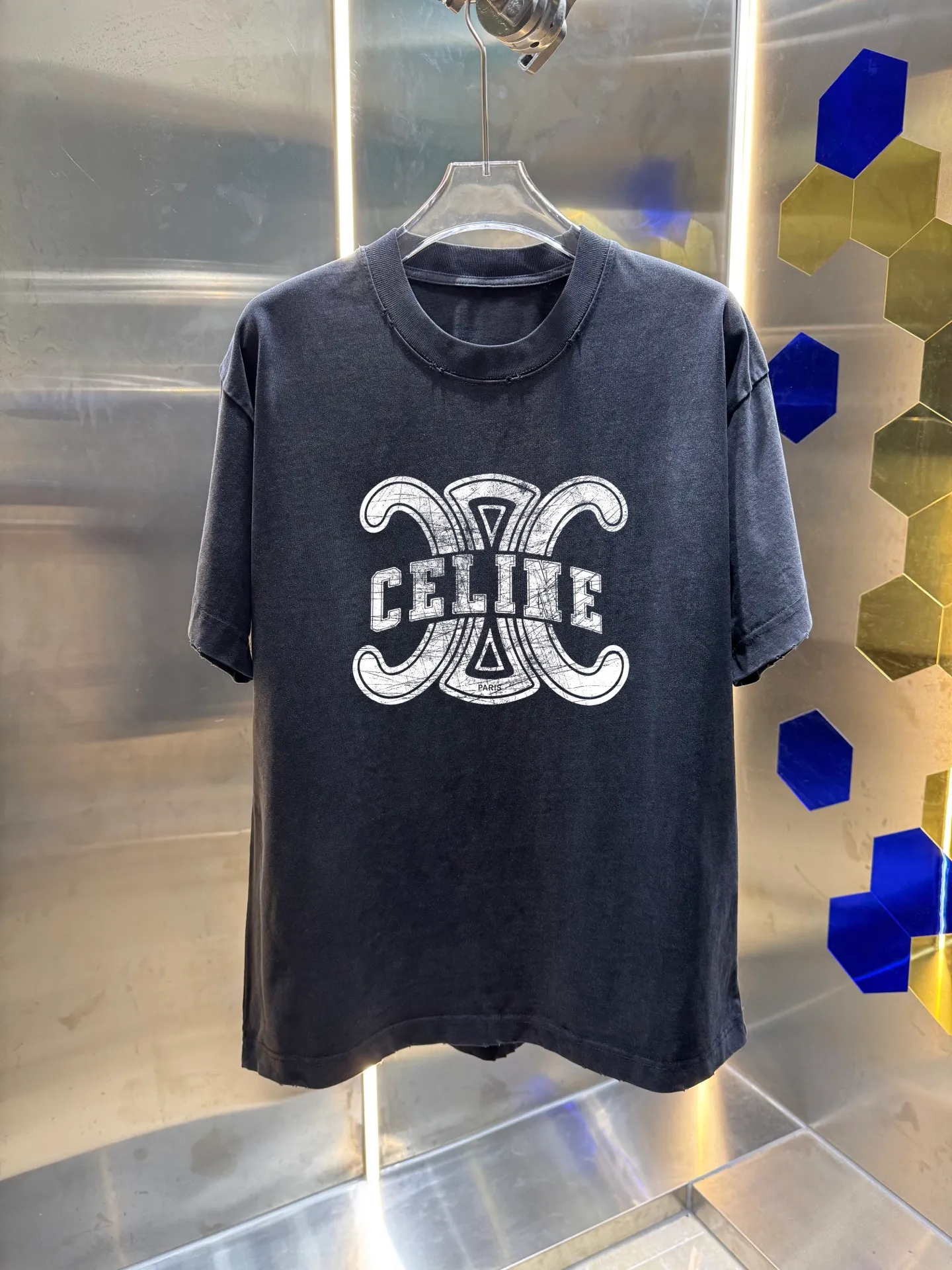 Celi*ne Celine Celin 2026 Spring and Summer Simple Letters Personalized Logo Customized Double Yarn Plain Cotton Fabric Short-sleeved T-shirt Men and Women Same Style Hangtag Collar Label Washed Mark Three Complete Labels Colors: Washed Black Washed White Washed Gray Washed Purple Sizes: S M L XL XXL